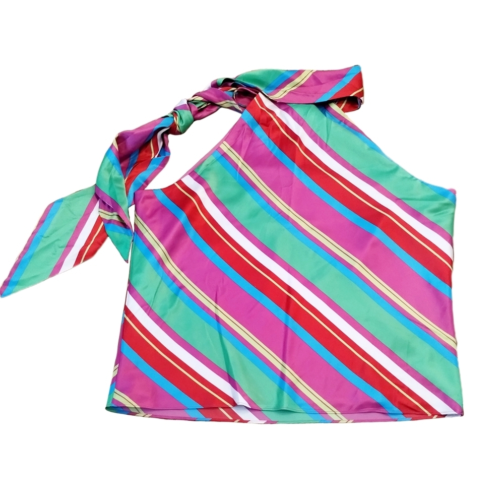 Chaps Ralph Lauren Striped Satin Necktie Halter Top - Picture 2 of 7